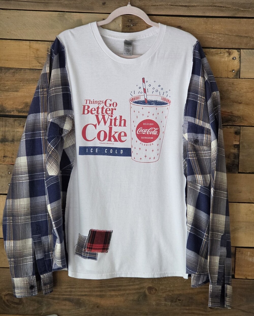 Upcycled Coca Cola White Graphic T-shirt With Plaid Long Sleeve